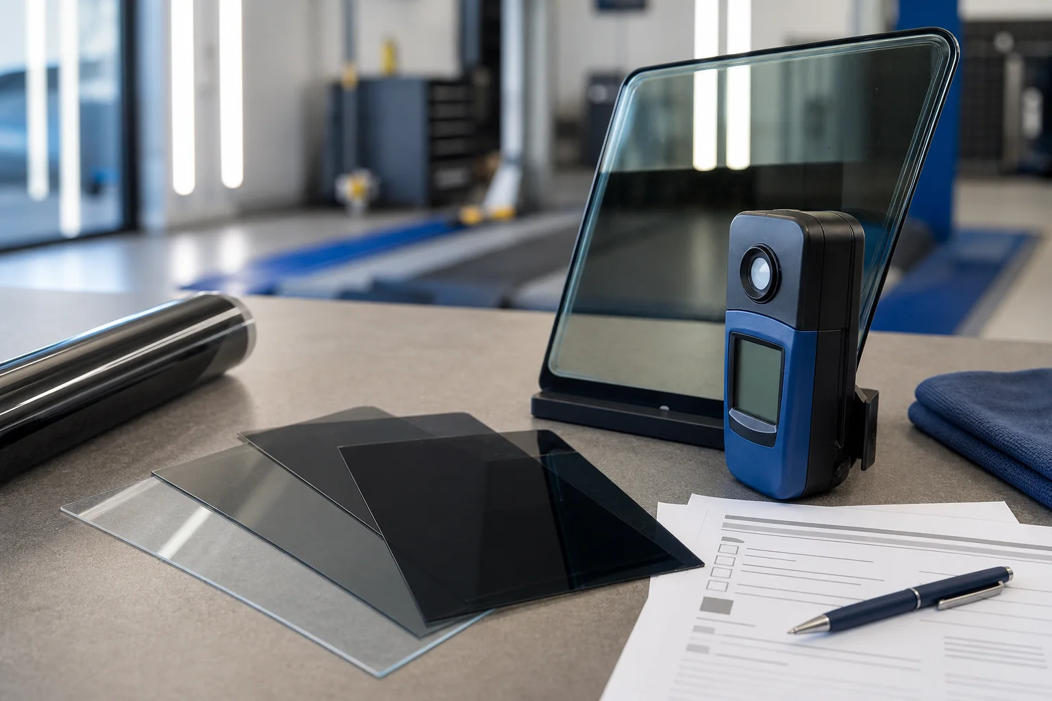 Window film samples, glass panel and visible-light-transmission meter prepared for distributor evaluation
