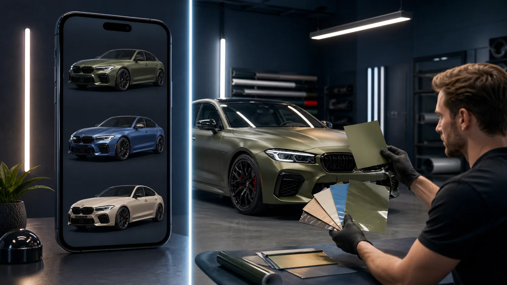 Digital automotive color-film preview compared with physical PPF swatches in an installation studio