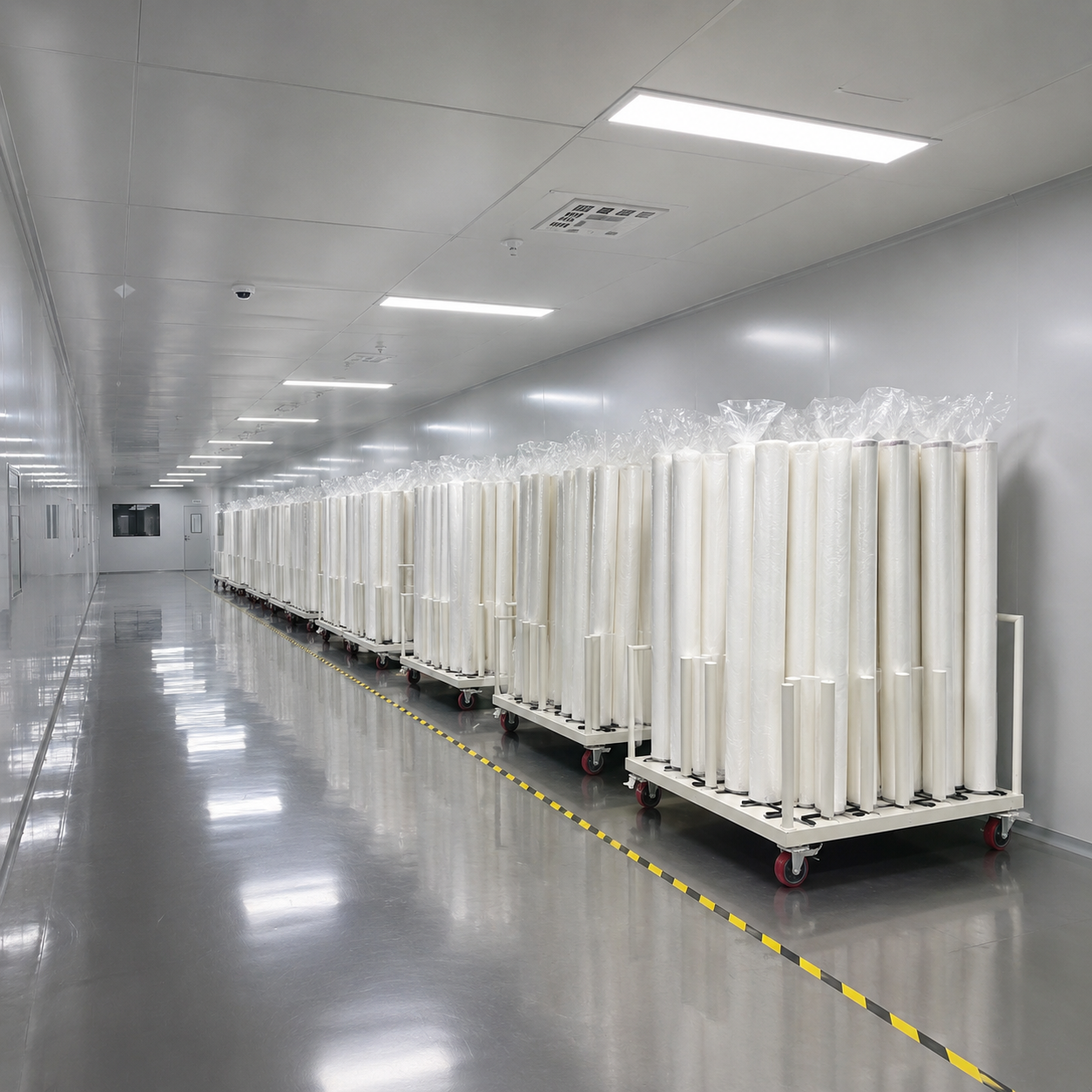 Cleanroom corridor with material carts