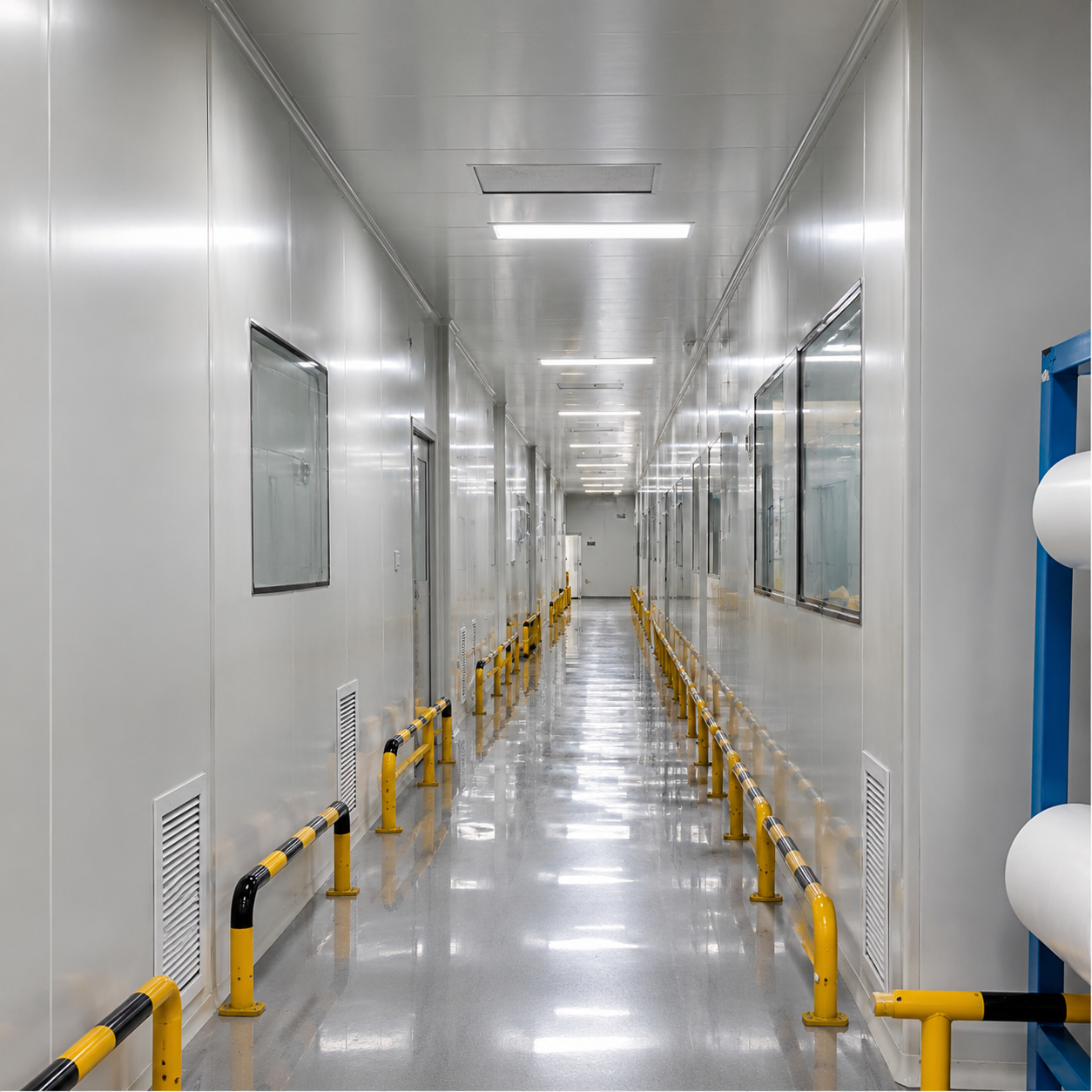 Factory cleanroom hallway with safety barriers