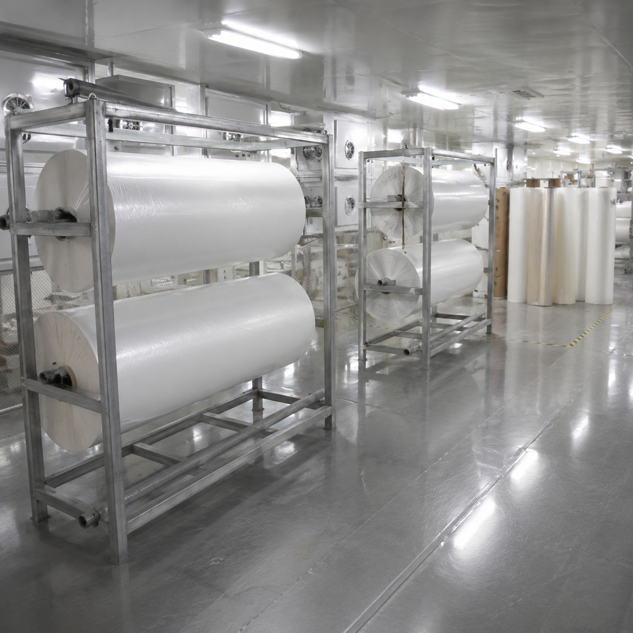 Factory storage racks with large film roll inventory