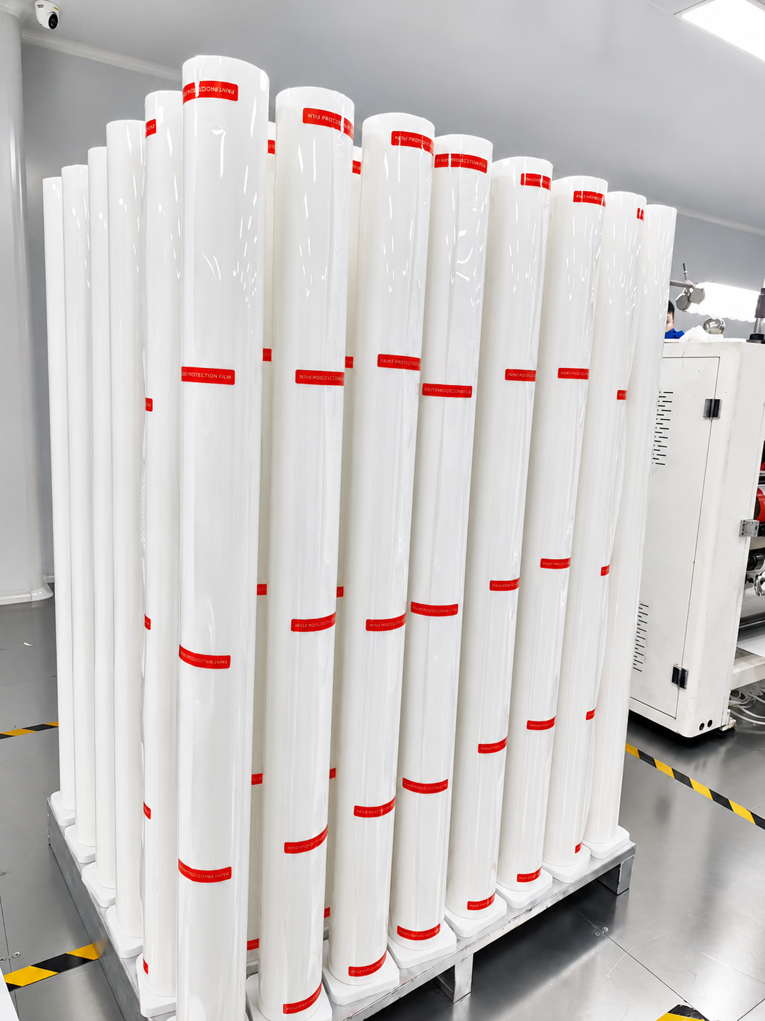 Finished film rolls with quality labels in factory