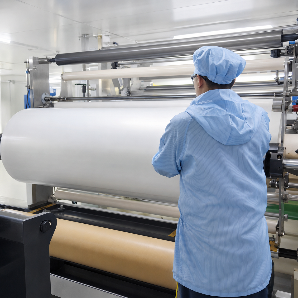 Worker operating roll-to-roll production line