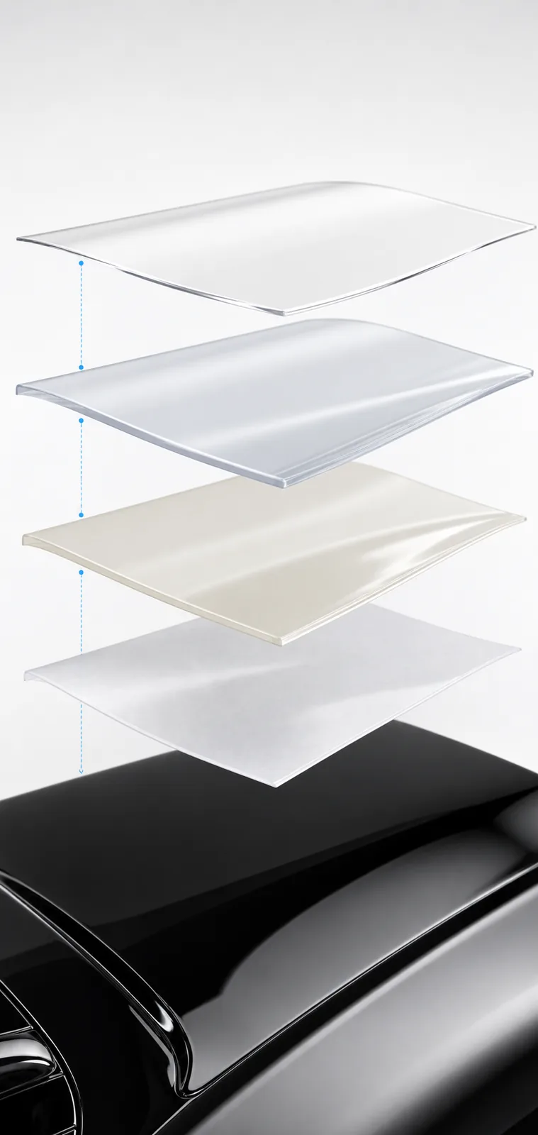 Exploded four-layer construction of TPU paint protection film above automotive paint