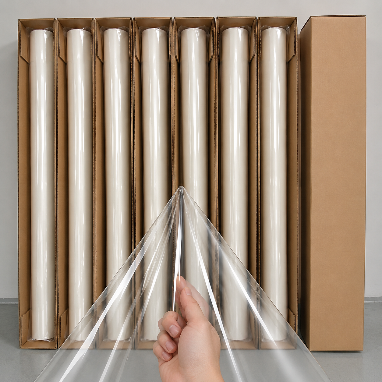 Boxed film roll products with hand-held sample